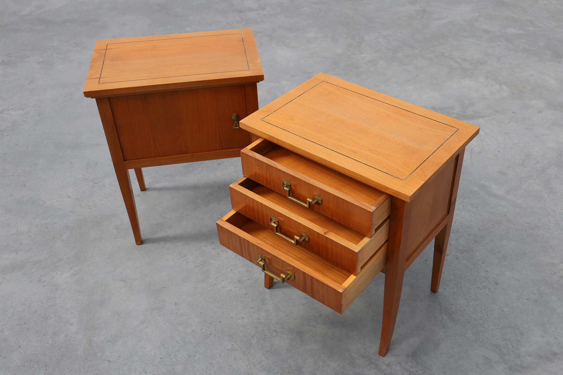 Pair of mid-century bedside tables with brass handles, France, 1950sthumbnail